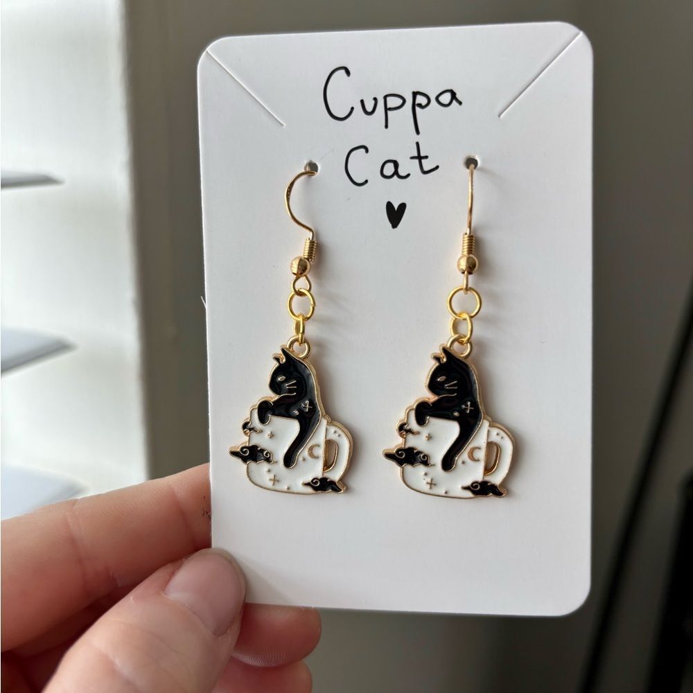 Cuppa Cat Earrings – Black Cat in Teacup • Cute Handmade Gift